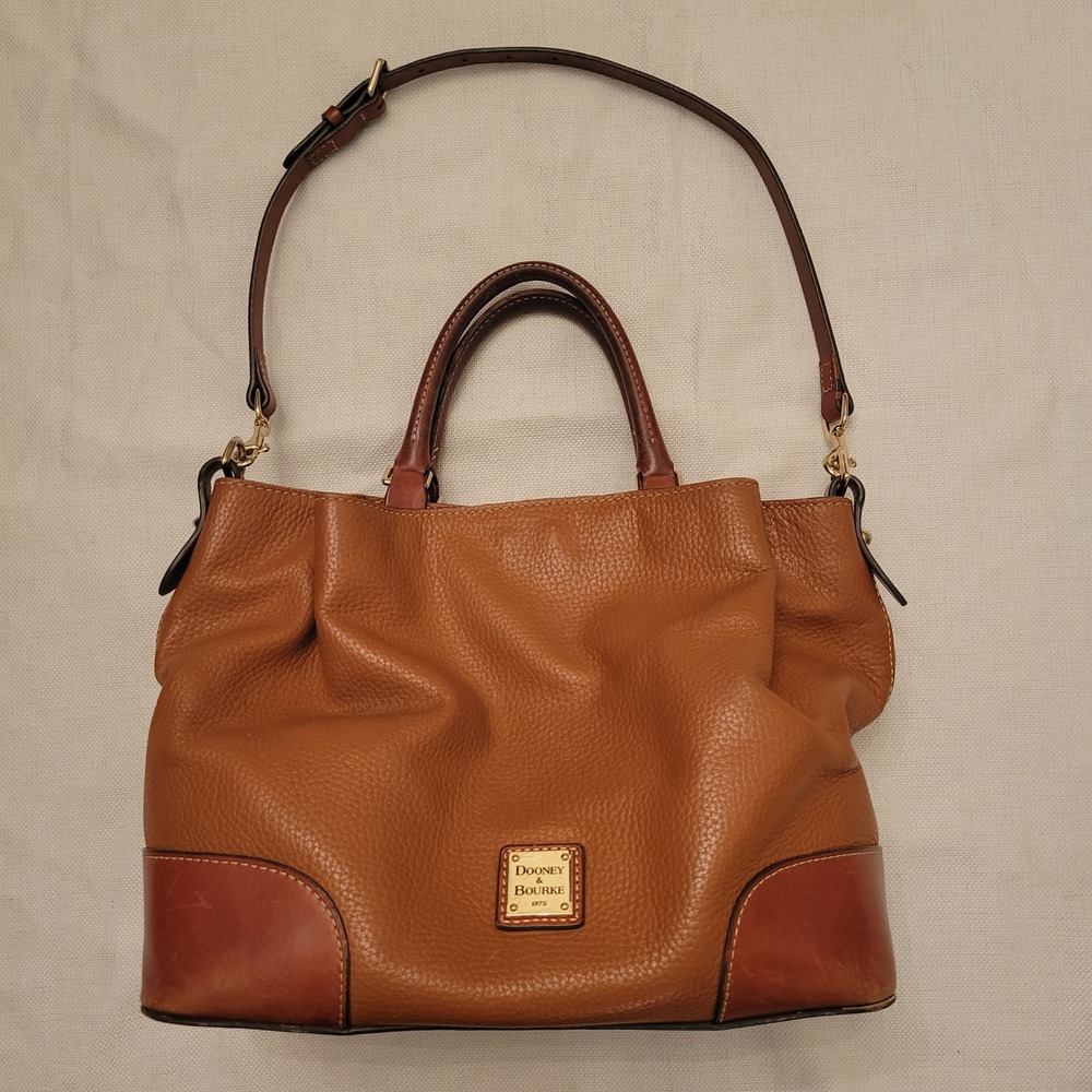 Dooney Bourke Satchel Brown Pebbled Leather BRENNA Saddle Trim Purse Caramel